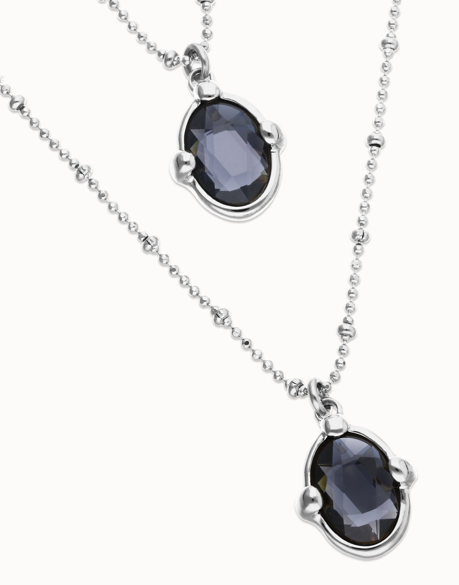 Collar doble bañado en plata con dos cristales facetados ovalados negros, Plateado, large thumbnail